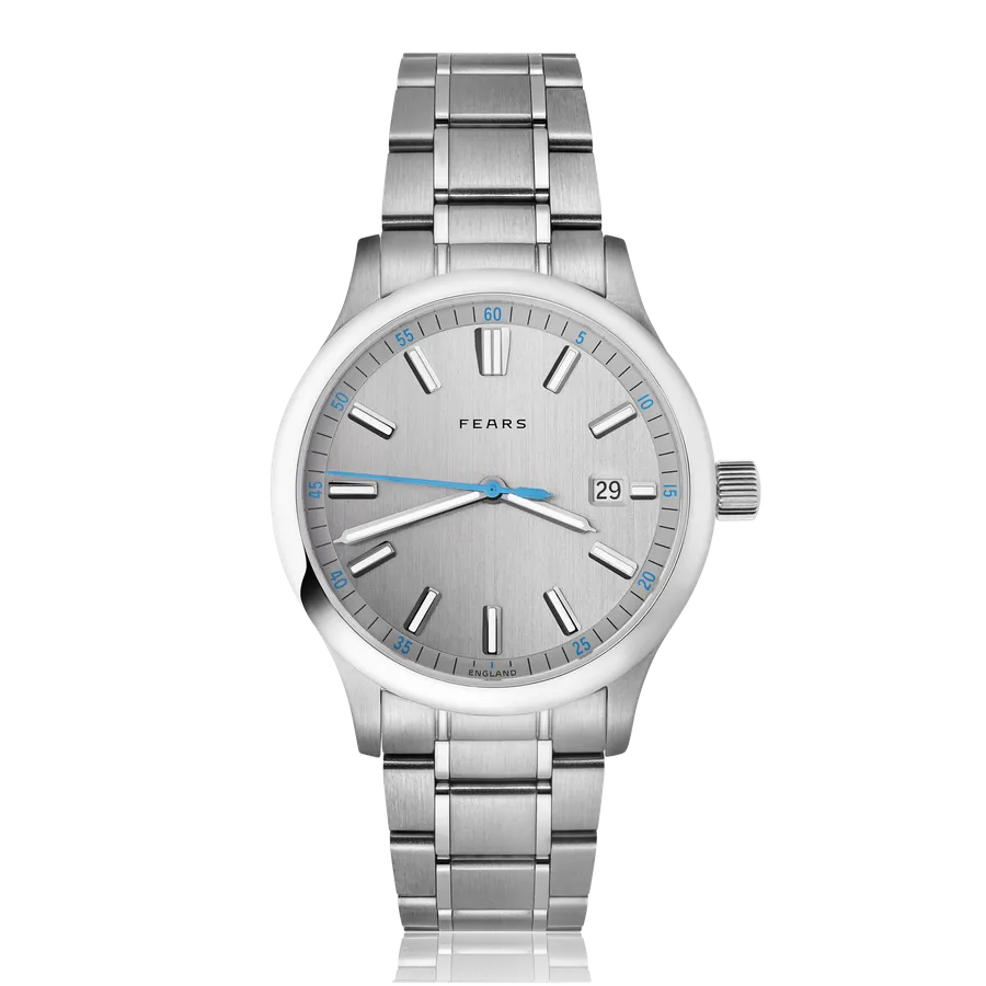 Fears Redcliff 39.5 Date with brushed Pewter Grey dial and cyan minute numerals on the steel bracelet