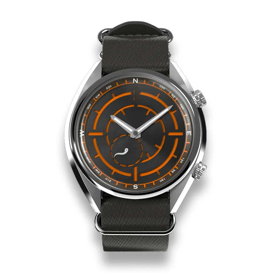 Feynman Fjorde Magma, dark dial with orange accents and internal compass bezel