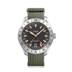 Vaer G5 Pacific Steel GMT 42mm on olive single-pass nylon strap