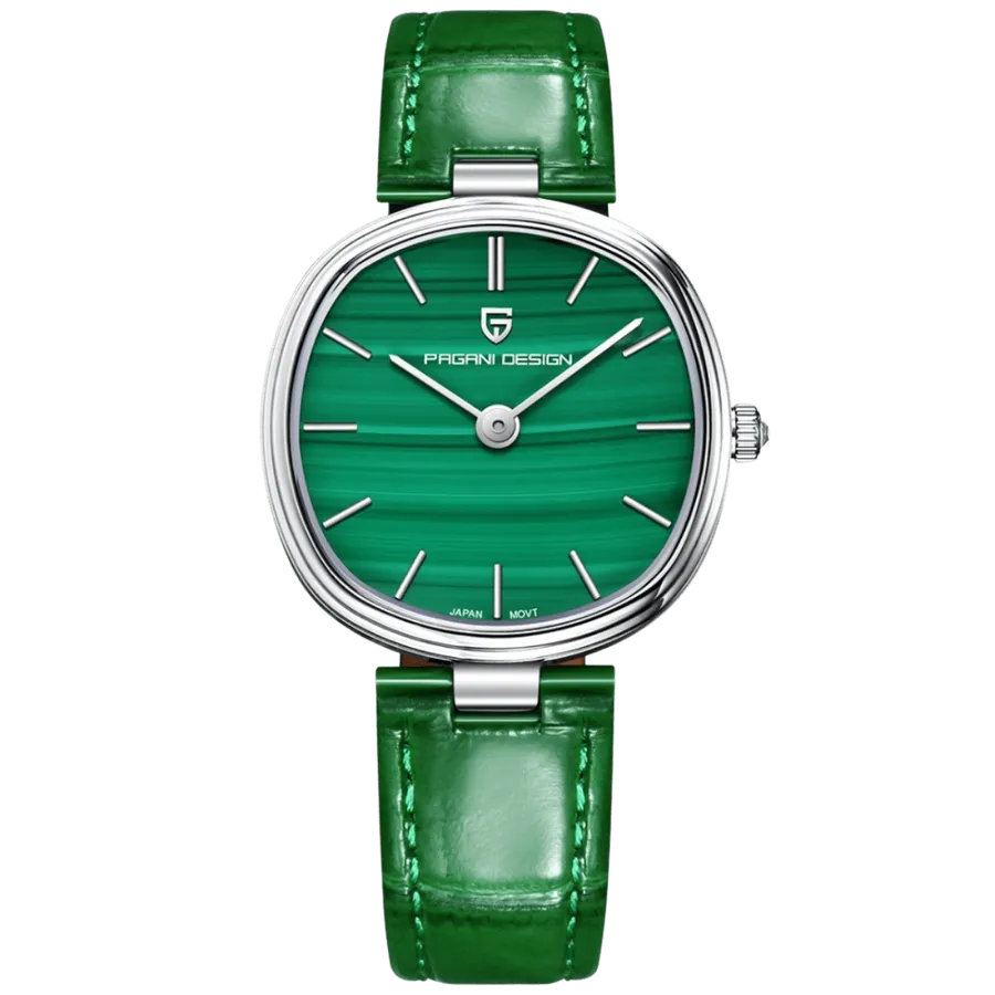 Pagani Design PD-1825 cushion-shaped two-hand watch with green malachite-look dial on green leather strap