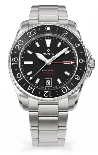 Monta Skyquest GMT, black dial and black aluminum 24-hour bezel, on bracelet