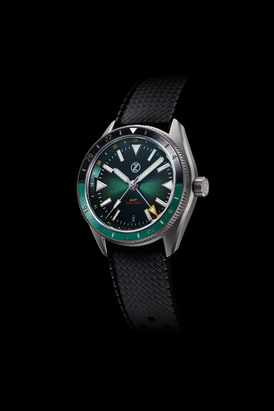 Zelos Horizons GMT 200m SS Hunter Green, green gradient dial and black and green 24-hour bezel, on rubber strap