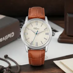 Chameri GS03 with white dial on brown leather strap, lifestyle shot