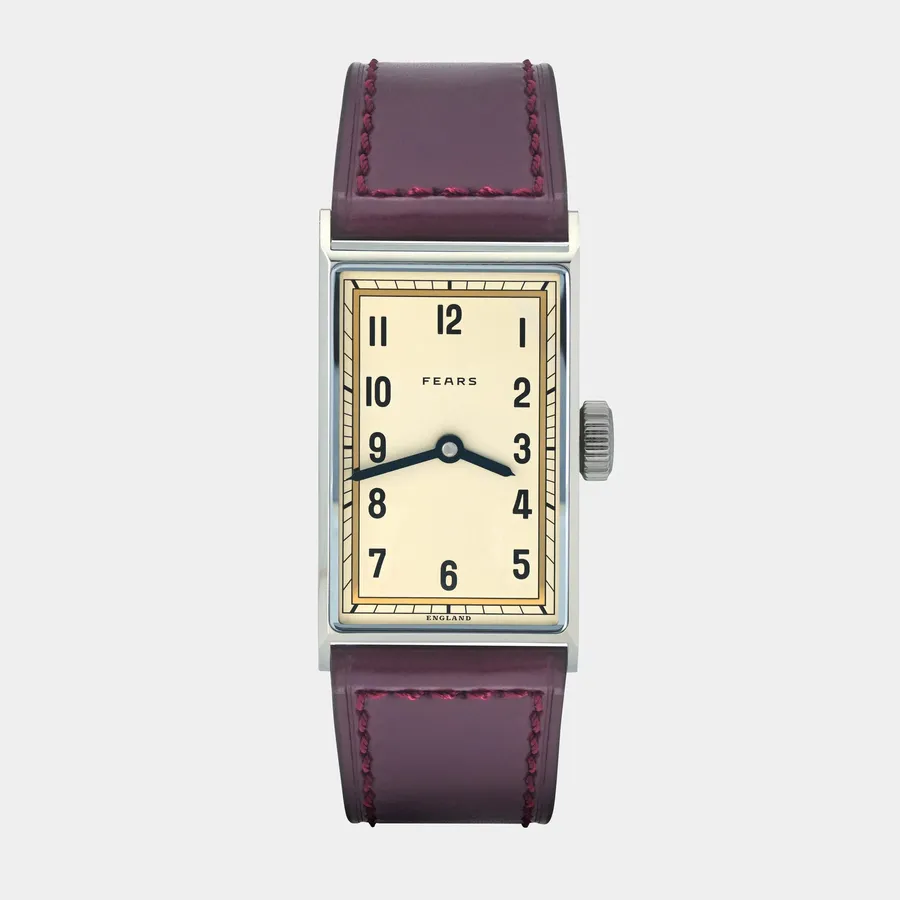 Fears Archival 1930 with Vintage Champagne dial on an oxblood leather strap