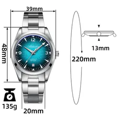 Addiesdive AD2508 dimension graphic (39mm, 48mm lug-to-lug, 13mm, 20mm, 220mm, 135g)