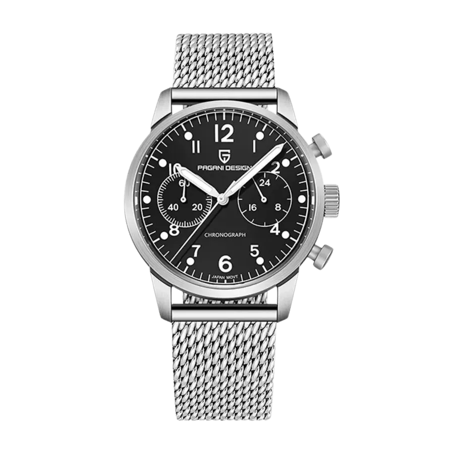 Pagani Design PD-1708 chronograph with black dial and white numerals on mesh bracelet