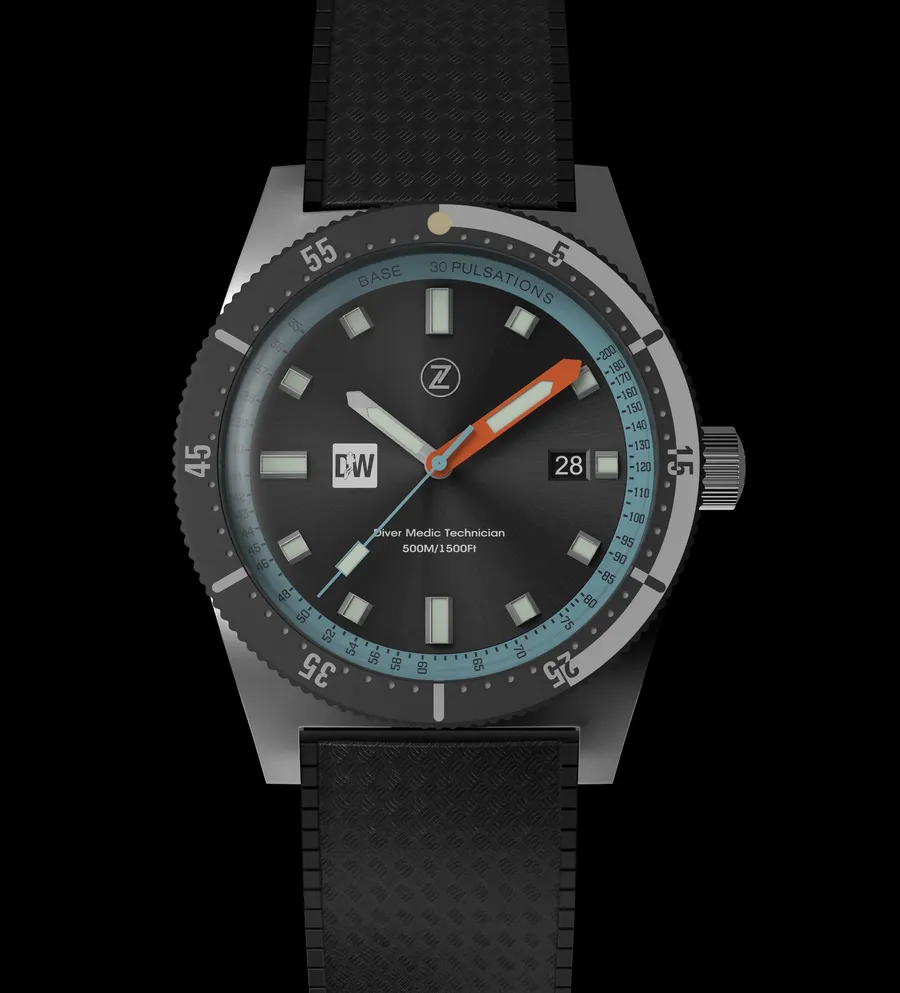 Zelos DMT 500m Diver with date (Zelos render), charcoal dial with aqua pulsations ring, orange minute hand and date at 3, black and silver bezel, on tropic rubber strap