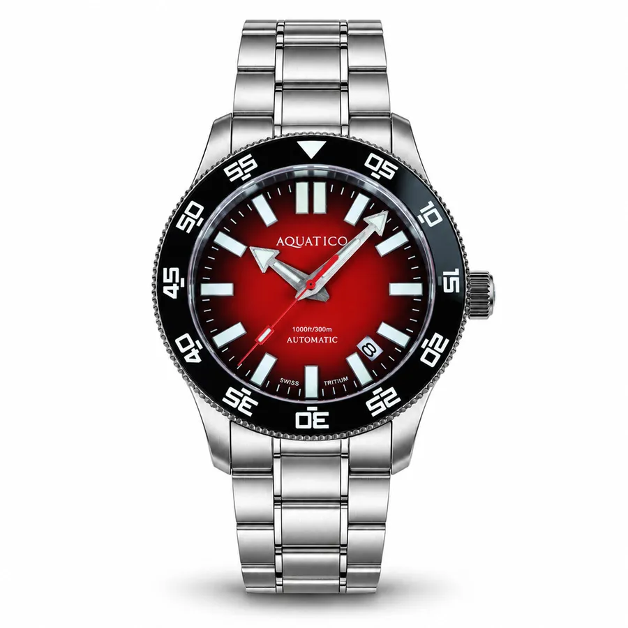 Aquatico Atlas Tritium with fumé red dial, black bezel and date, on the steel bracelet