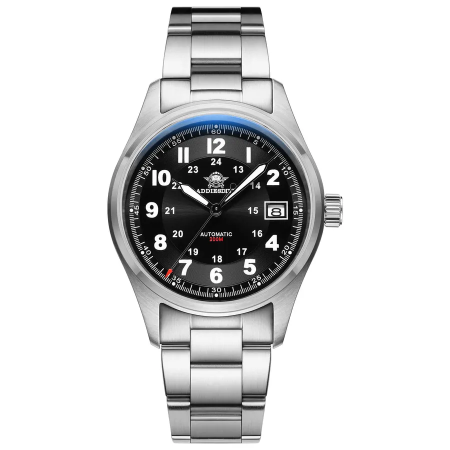 Addiesdive AD2048 field watch with black dial, 12-hour numerals and inner 24-hour scale on a three-link steel bracelet