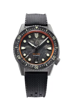 Zelos Mako 300m Diver Cerakote Carbon, gunmetal Cerakote case, forged carbon dial and bezel, on rubber strap