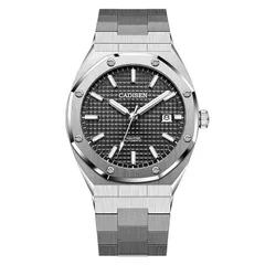 Cadisen C8180 with black grid-pattern dial on the integrated steel bracelet