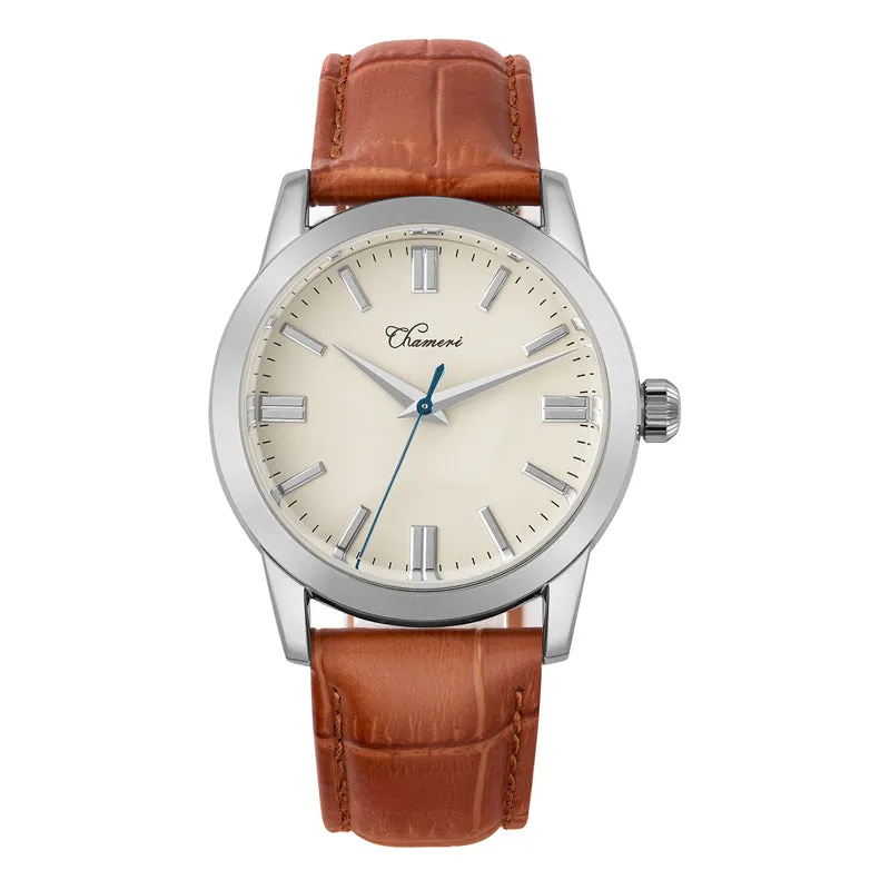 Chameri GS03 with white dial and applied stick indices on brown leather strap