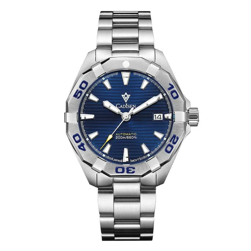 Cadisen C8209 Aquaracer-style diver with blue lined dial, faceted steel bezel with blue numerals and date at 3 on a steel bracelet