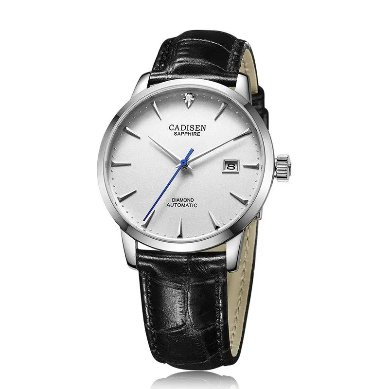 Cadisen C8097 automatic with white dial, diamond at 12 and blue seconds hand on a black leather strap