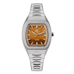 San Martin SN0145-G 39.5mm barrel-shaped case with brown tiger eye stone dial, flat bar hands and date at 3 on bracelet