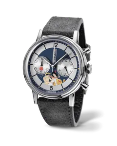 Undone Urban Shunga Meiji chronograph with steel case and navy and silver ukiyo-e dial on a dark grey suede strap