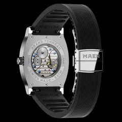 MAEN Grand Tonneau Ultra Thin display caseback showing the La Joux-Perret D101