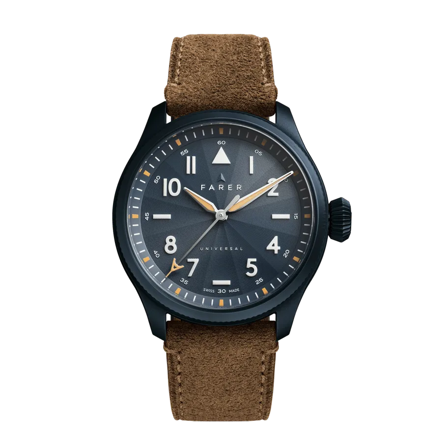 Farer Pilot Series II Curtis, blue segmented dial, navy PVD titanium case, on brown suede strap