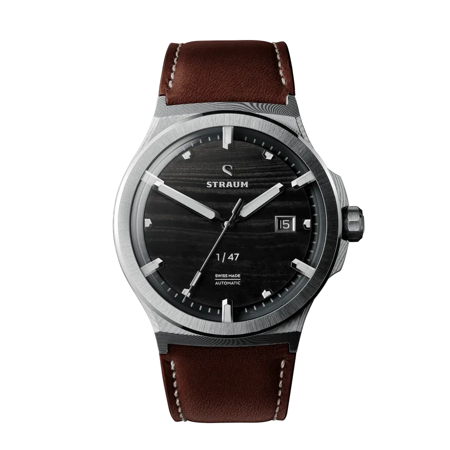 Straum Rastarkalv with fossilised-wood dial numbered 1/47 on a dark brown leather strap