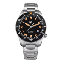 San Martin SN0142-G with black dial, orange ring markers and hands, and date window