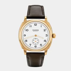 Fears Brunswick Midas with gold-plated case and white lacquer dial on a dark leather strap