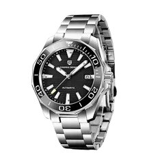Pagani Design PD-1668 with black striped dial and black 12-sided bezel on steel bracelet