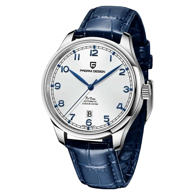 Pagani Design PD-YS003 with white dial, blue Arabic numerals and leaf hands, date at 6, on blue leather strap