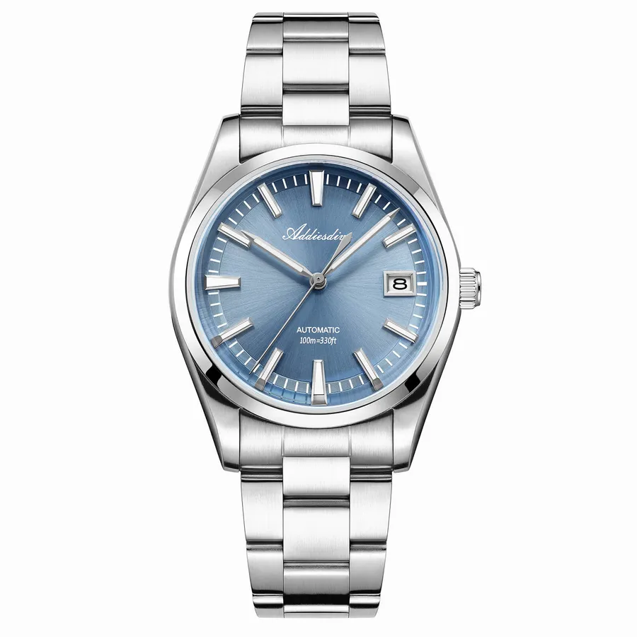 Addiesdive AD2077 with light blue sunburst dial and smooth bezel on a three-link steel bracelet