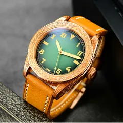 San Martin SN061-T 41mm carved bronze diver, california gradient green dial, no date, on leather strap