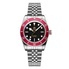 Addiesdive AD2043 with black dial and red aluminium bezel on a jubilee-style bracelet
