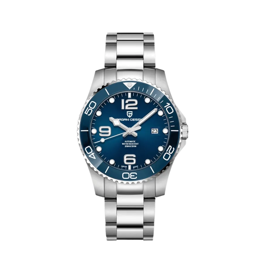 Pagani Design PD-1702 with blue dial and bezel on steel bracelet