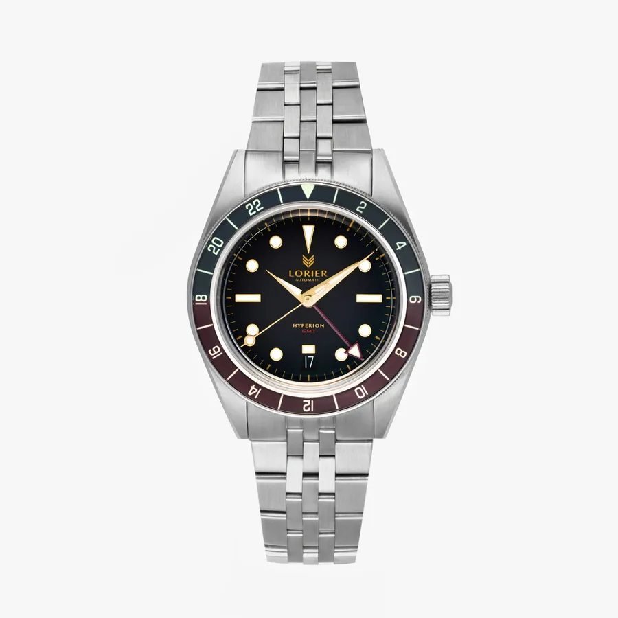 Lorier Hyperion GMT, black dial, red and blue sapphire bezel, on five-link bracelet