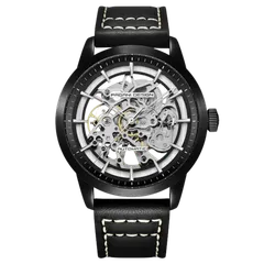 Pagani Design PD-1638 with black case and black skeleton dial on black stitched leather strap