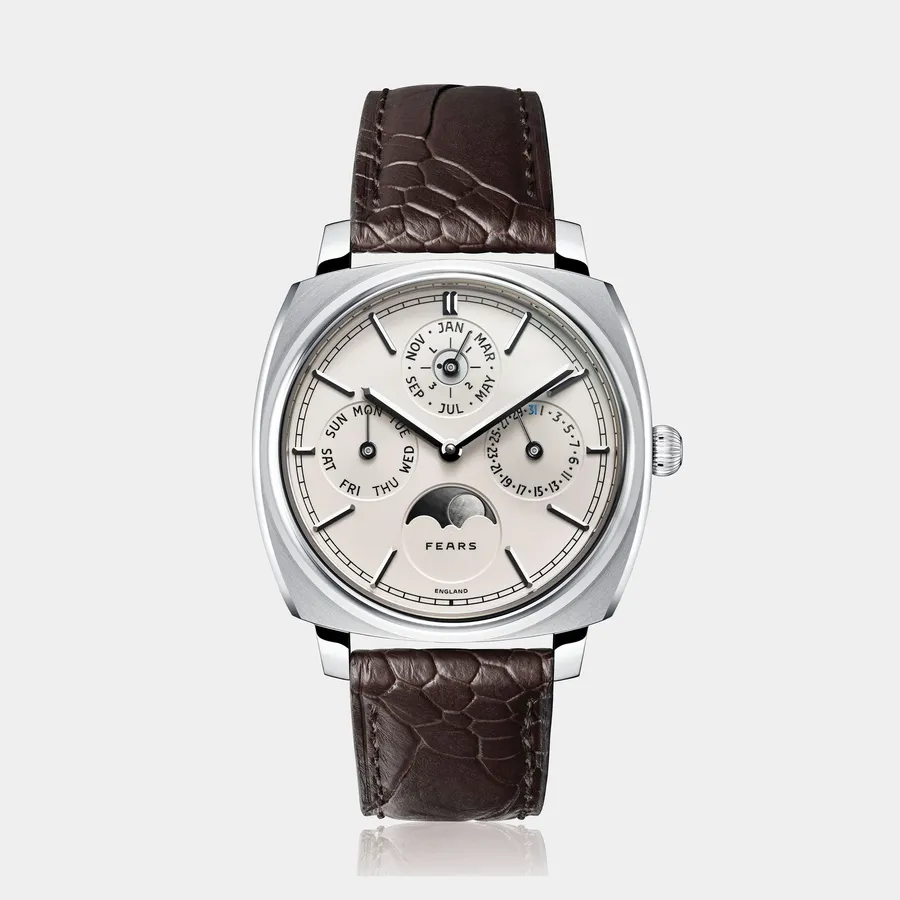 Fears Brunswick 39 Perpetual Calendar with Silver Mink dial on a walnut ostrich strap
