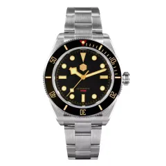 San Martin SN008-G with matte black dial, gilt snowflake hands and black bezel on bracelet