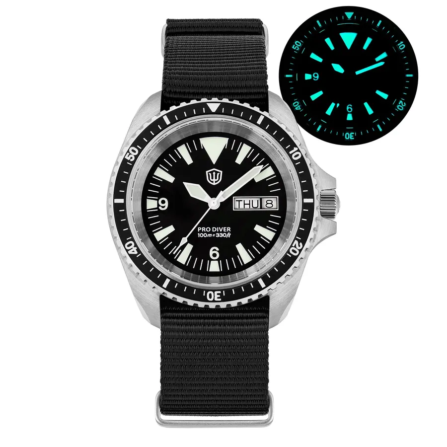 Watchdives WD1980 V3 day-date with steel case on a black nylon strap, with lume shot