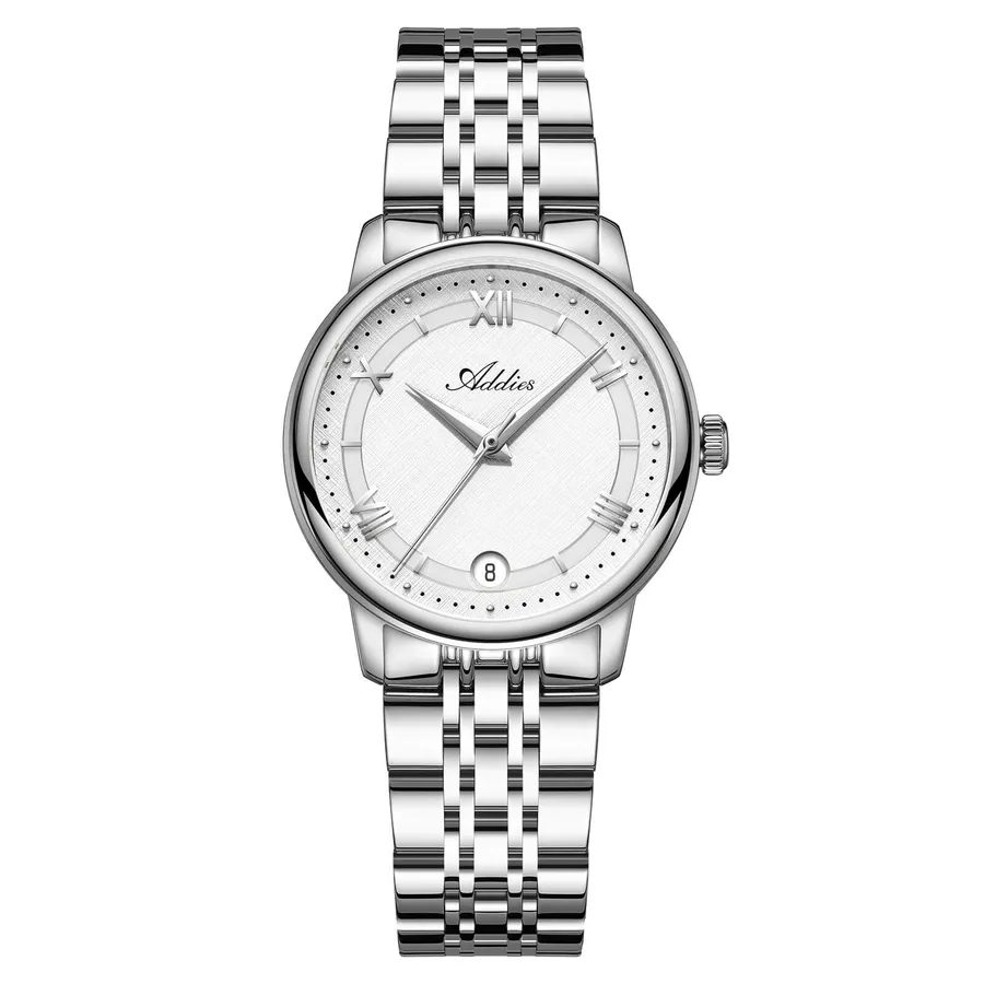 Addies AW25904 with white textured dial, silver Roman numerals and date at 6 on a polished multi-link bracelet