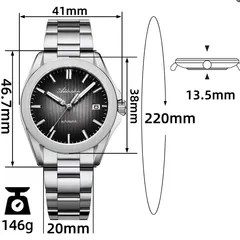 Addiesdive AD2080 dimension graphic (38mm, 46.7mm lug-to-lug, 13.5mm, 20mm, 146g)