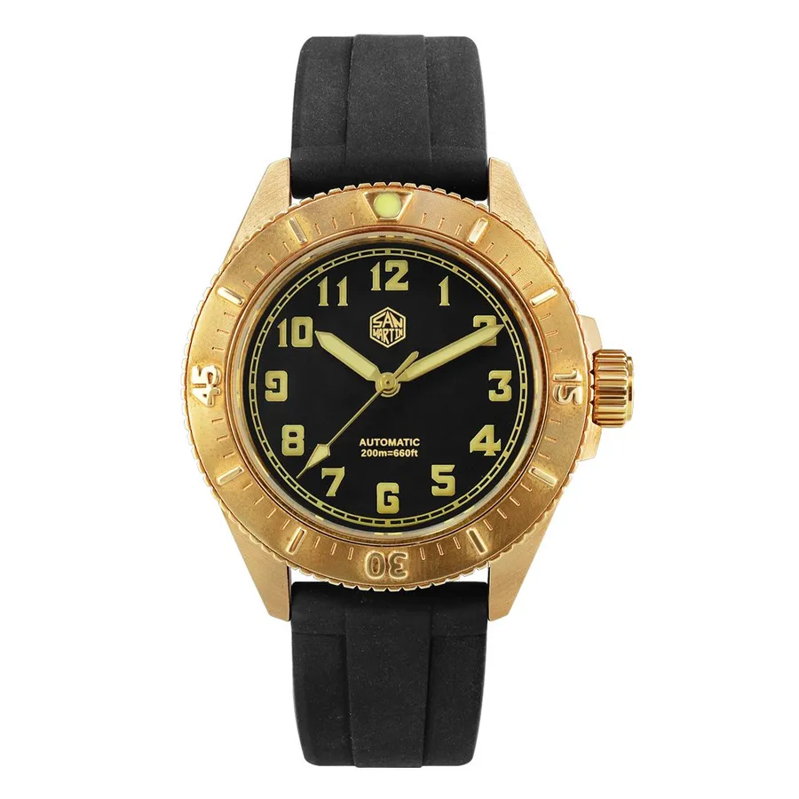 San Martin SN040-Q 40mm bronze diver with black full-numeral dial, bronze bezel and black rubber strap
