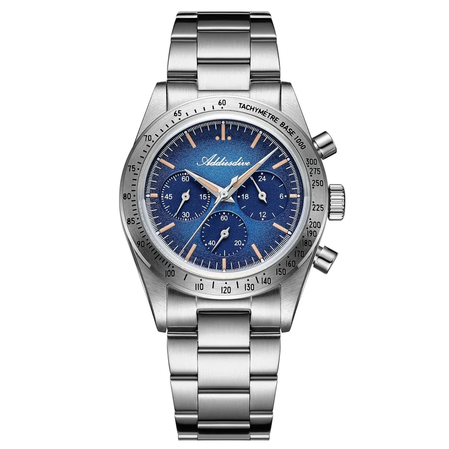 Addiesdive AD2552 chronograph with blue dial, steel tachymeter bezel and three-link bracelet