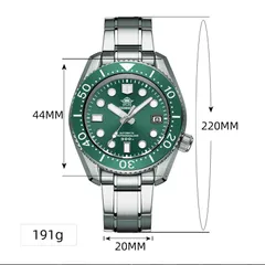 Addiesdive H7 dimension graphic on the bracelet (44mm drawn top to bottom, 20mm, 220mm, 191g)