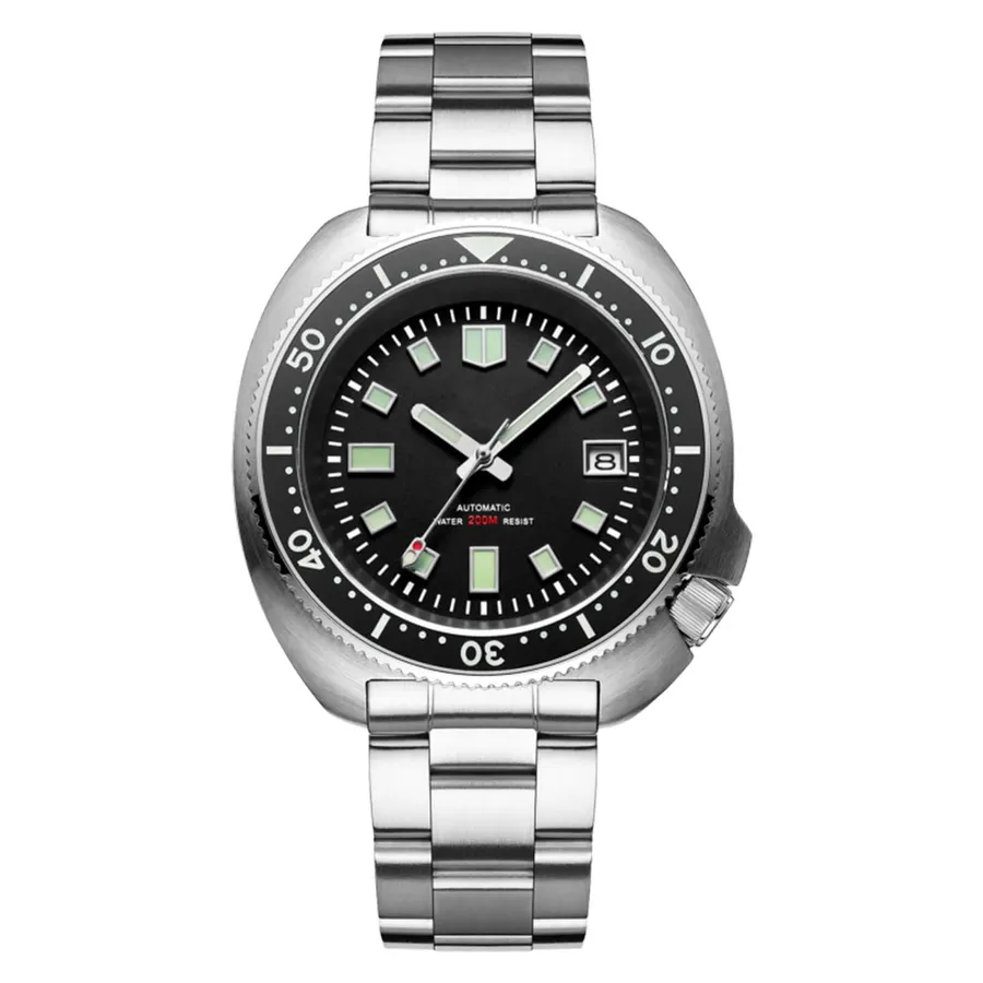 Addiesdive AD2524 cushion-cased diver with sterile black dial, square lumed markers and black bezel on a three-link steel bracelet