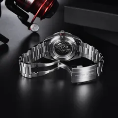 Pagani Design PD-1671 display caseback showing a Seiko NH-type movement, engraved "Water resistant 100M"