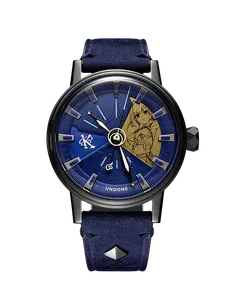 Undone hololive 6th fes. Color Rise Harmony Ouro Kronii watch with black-coated case and navy dial with her silhouette in gold tone on a navy leather strap