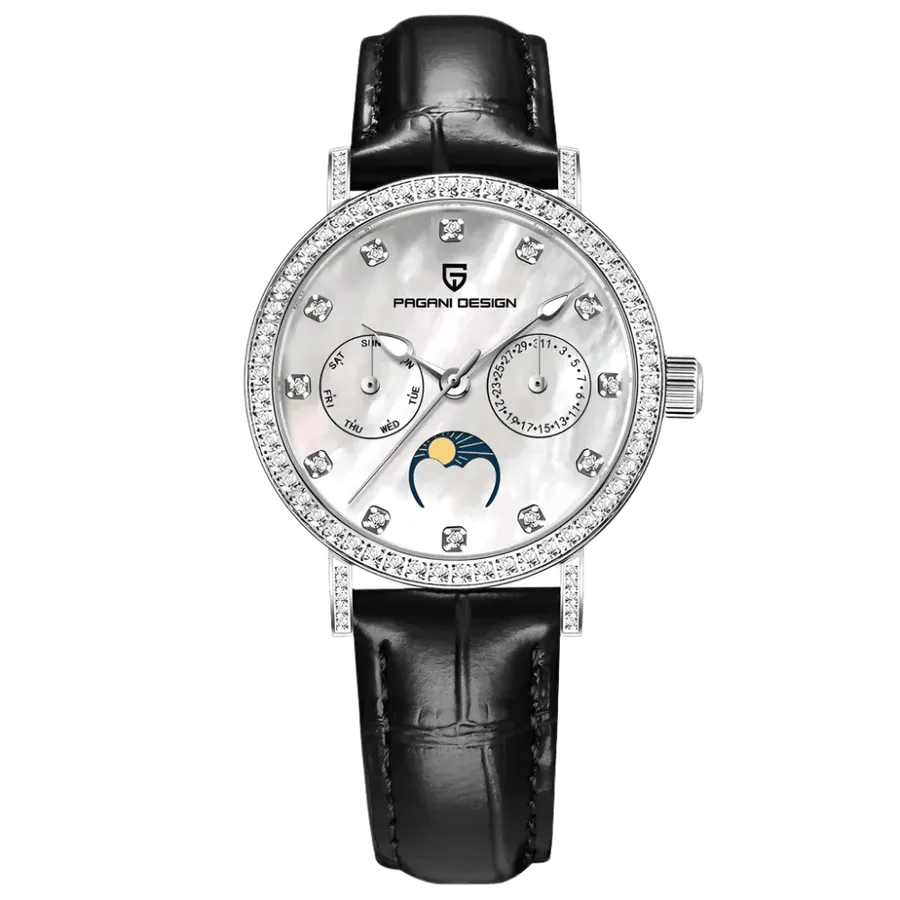 Pagani Design PD-1789 women's watch with stone-set bezel and pearlescent white dial on black leather strap