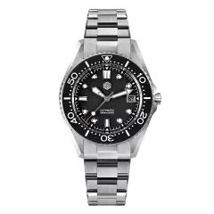 San Martin SN0036-C with matte black dial and black ceramic bezel on steel bracelet
