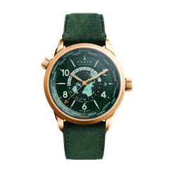 Farer World Timer Foxe Gold, green dial in a gold PVD steel case, on green suede leather strap