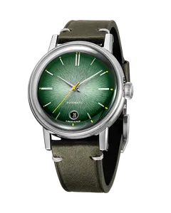 Undone Enamel Verde with green enamel-style dial on an olive leather strap