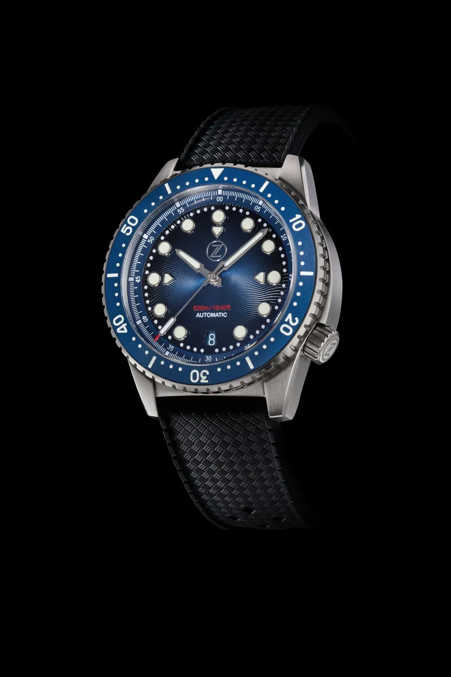 Zelos Mako V2 500m Diver in steel, blue fading-to-black dial, blue ceramic bezel, on tropic rubber strap