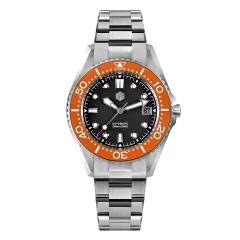 San Martin SN0036-C with matte black dial and orange ceramic bezel on steel bracelet